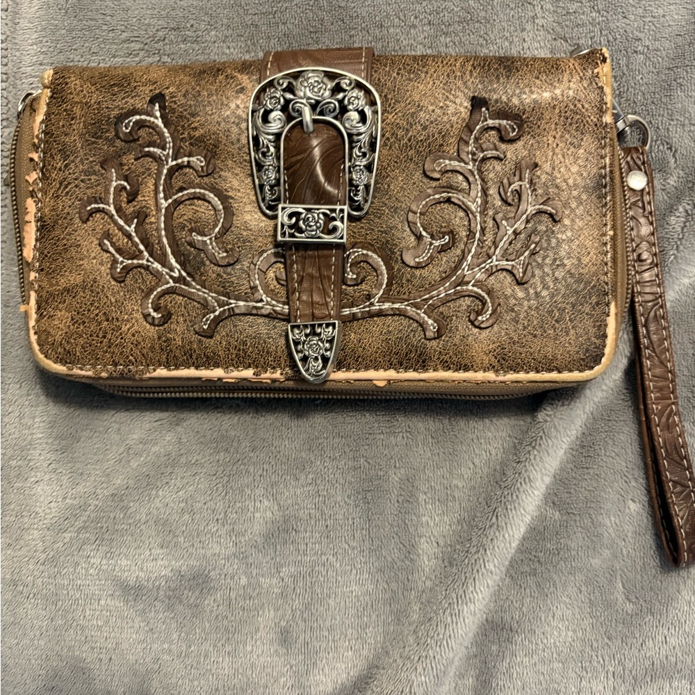 Vintage Brown Leather Clutch with Ornate Buckle